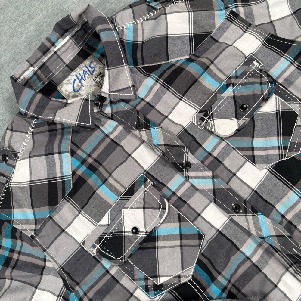 Chalc Mens XL Plaid Western Button Down Shirt Grey Turquoise Contrast Stitch